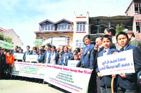 Schoolchildren hold placards during an environment awareness campaign organised by DAV School in New Shimla
