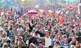 Devotees take part in a Mahashivratri procession in Mandi