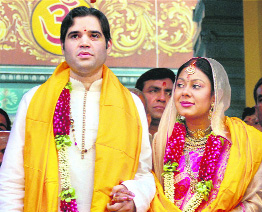 Pilibhit MP Varun Gandhi with his wife Yamini after their marriage in Varanasi on Sunday. 