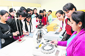 The all-women team of the microbial biotechnology and food department, MCM College, Sector 36, at work in their lab. 