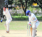 A wicketkeeper appeals for an LBW in a match of the Uttarakhand Cup Beehive Challenger League at Matawala Bagh in Dehradun on Monday.