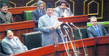 Finance Minister Abdul Rahim Rather presents the annual Budget in the Legislative Assembly in Jammu on Monday.