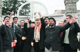 Members of the Kashmir Bar Association hold a protest in Srinagar on Monday demanding the release of association president Mian Abdul Qayoum who had been detained under the Public Safety Act.