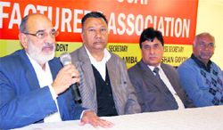 Members of the All-Punjab Soap Manufacturers Association address mediapersons in Ludhiana