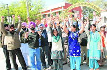 Panchayat secretaries stage a demonstration during a pen-down strike over the non-payment of their salaries, in Bathinda on Tuesday.
