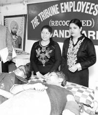 More than 70 members of the The Tribune Employees’ Union donated blood to mark the International Women’s Day. A team of doctors from the Government Medical College and Hospital, Sector 32, conducted the camp on Tuesday.