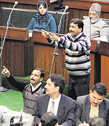 Panthers Party MLAs stage a dharna in the well of the Legislative Assembly in Jammu on Tuesday.