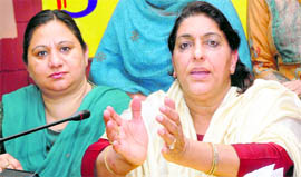 Gurkanwal Kaur addresses a press conference in Jalandhar on Tuesday.