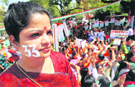 Congress activists take part in a rally in support of womens reservation Bill in New Delhi on Tuesday