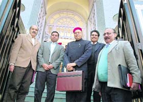 Chief Minister PK Dhumal arrives to present the states annual budget in the Assembly at Shimla