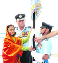 President Pratibha Patil presents President's standards to 44 Squadron at Bagdogra Air Force station near Siliguri on Wednesday. IAF Chief  Air Chief Marshal PV Naik is also seen.