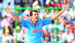 Zaheer Khan appeals successfully for a leg-before wicket decision against Netherlands Bas Zuiderent at the Feroz Shah Kotla Stadium in New Delhi on Wednesday.