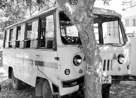 The school bus that hit a tree on the road separating Sectors 8-9 in Panchkula on Thursday.