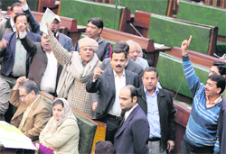 Legislators of the BJP and the Panthers Party stage a walkout from the Legislative Assembly in Jammu on Thursday over the plight of SPOs