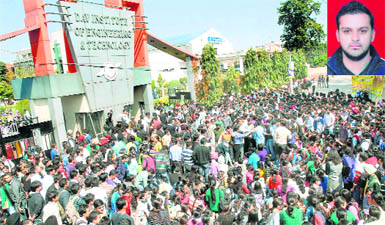 Agitated students of the DAV Institute of Engineering and Technology protest against the authorities over the death of college mate Rishabh Kumar (inset).