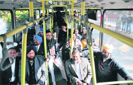 MC Commissioner AK Sinha, Mayor Hakam Singh Giaspura, Senior Deputy Mayor Praveen Bansal and other MC officials enjoy a bus ride in Ludhiana.