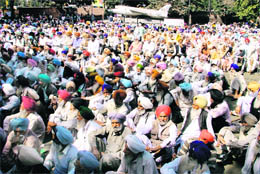 Ex-servicemen from Punjab and Chandigarh at a state-level rally in Ludhiana on Thursday.