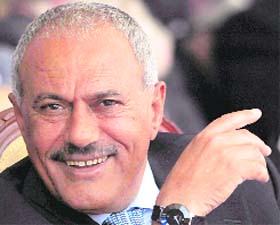 Yemen President Ali Abdullah Saleh at a gathering of supporters in a soccer stadium in Sanaa