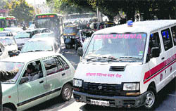 An ambulance carrying a patient from Ambala stuck in a traffic jam. 