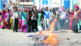 Members of the Uttarakhand Jan Manch burn an effigy of the state government over the proposed power tariff hike in front of the office of the Uttarakhand Electricity Regulatory Commission in Dehradun on Friday.