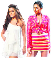 (L-R) Riya Sen walks the ramp for Arpan Vohra, a model showcases a dress by Chaitnya Rao and ethnic wear by Preeti Kapoor