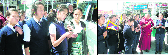 (Left) Tenzin Yangchen, a student of Central School for Tibetans, reads out a statement of the Regional Tibetan Womens Association; and (right) a monk joins students in prayer in Mussoorie