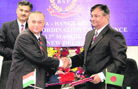 BSF Director General Raman Srivastava with Major General Mohammad Rafiqul Islam, DG of Border Guard Bangladesh, in Delhi on Saturday. The BSF will now be using non-lethal arms along Bangladesh border.