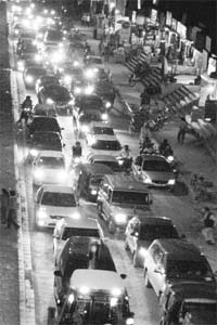Vehicles caught in a traffic jam on the Chandigarh-Ambala highway at Zirakpur
