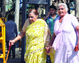 Old women at a polling booth for MCD byelection at Majnu ka Tila in Delhi on Sunday. 