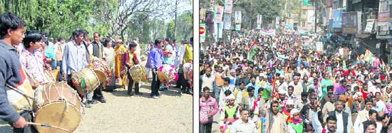 Drum beaters at the rally and (right) Congress workers march towards the residence of Uttarakhand Chief Minister Ramesh Pokhriyal Nishank in Dehradun