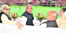 Chief Minister Bhupinder Singh Hooda, Sampat Singh and Phool Chand Mullana at a rally in Hisar on Sunday.