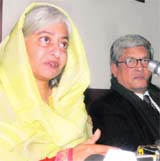 Centre-appointed interlocutors Prof Radha Kumar (left) and Dilip Padgaonkar at a press conference in Srinagar on Sunday.