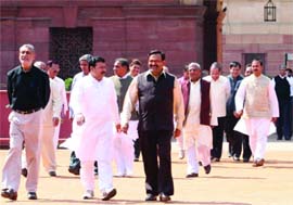 Leader of the opposition in Delhi Assembly Vijay Kumar Malhotra with other party MLAs after meeting President Pratibha Patil in New Delhi on Monday.