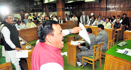Leader of the Opposition Harak Singh Rawat opposes the Address of the Governor in Dehradun on Monday.