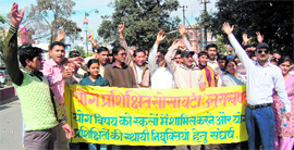 Yoga trained teachers hold a demonstration in Dehradun on Sunday.