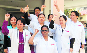 Nurses demonstrate at the Doon Hospital on Monday.