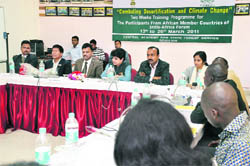 (Third from left) Ajay Kumar, Director, Forest Education, and Savita, Principal, Central Academy at State Forest Service, at the inaugural session of a training programme in Dehradun on Monday.