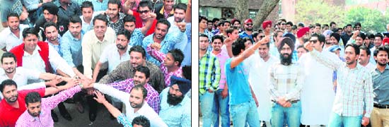 Governing body members of the original PUSU join hands in a display of solidarity; and (right) supporters of PUSU (Dhillon faction) shout slogans in favour of their party leader Simranjit Singh Dhilon (in checked shirt, second from right) at Panjab University in Chandigarh