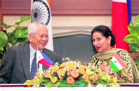 MoS for External Affairs Preneet Kaur and her Philippines counterpart Albert F. del Rosario at a meeting in New Delhi on Tuesday. 