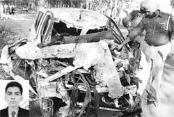 The police inspects the mangled remains of a Maruti Swift car on the Patiala-Zirakpur highway on Wednesday. (Inset) A file photo of victim Mohammad Sagir.
