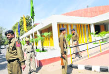  The police personnel deployed outside the law auditorium in Panjab University ahead of President Pratibha Patils visit to the campus on Thursday.