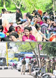 PAU students protest against the state governments failure to fill 300 vacant posts; and (bottom) a heavy contingent of police deployed outside PAUs gate No. 2 during the students protest in Ludhiana on Wednesday.