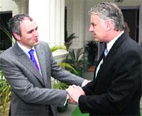 Timothy J Roemer, US Ambassador in India, meets Chief Minister Omar Abdullah in Jammu on Thursday. 