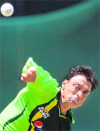 Shoaib Akhtar bowls in the nets on Thursday.  AFP