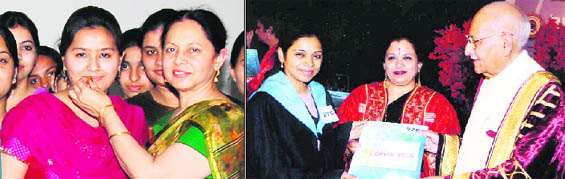 (Left) Manpreet Kaur of Khalsa College for Women being greeted by her principal. A student of BBK DAV College for Women receives her degree in Amritsar.
