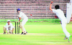 Players in action during a match between Guru Gobind Singh (SGGS) Khalsa College and Post-Graduate Government College for Men (PGGC-11) at Sector 16, Chandigarh, on Friday.