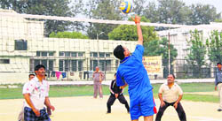 A match in progress in the Inter-Departmental Volleyball Tournament of the ONGC in Dehradun on Thursday. 