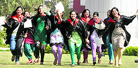 After being conferred with degrees, students of Guru Nanak Girls College in a jubilant mood in Ludhiana on Saturday.