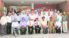 Alumni of Punjab Agricultural University (1964-68 batch) with Vice-Chancellor Dr Manjit Singh Kang in Ludhiana on Saturday.