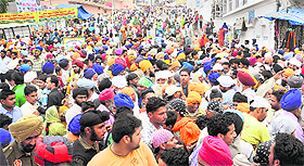 A rush of devotees on Hola Mohalla at Anandpur Sahib on Saturday. 